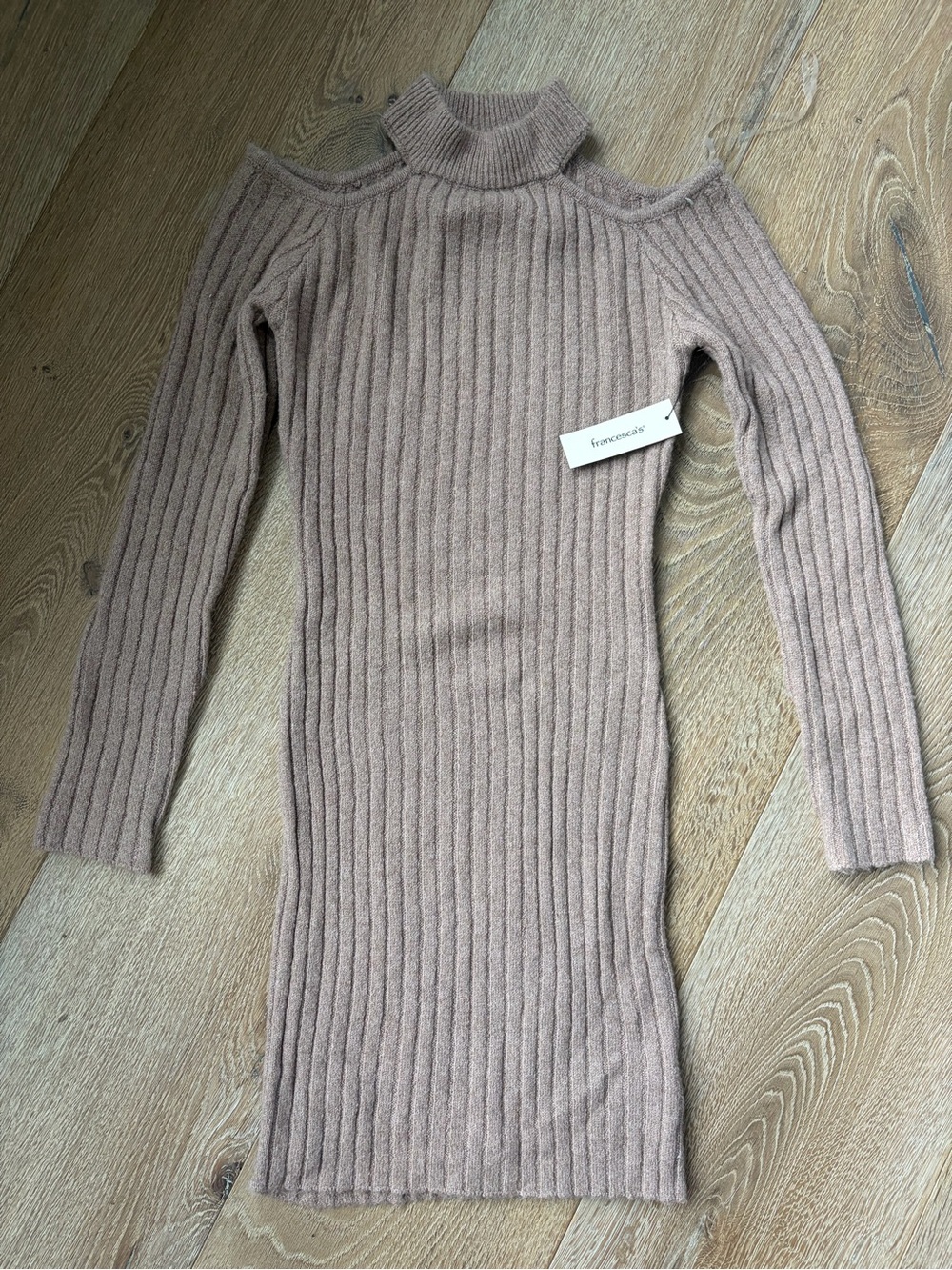 Francesca's Ribbed Off the Shoulder Sweater Dress in Taupe Mauve